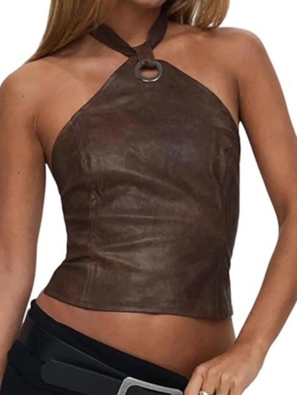 Princess Polly Brown Leather-Look Halter Ring Neck Top